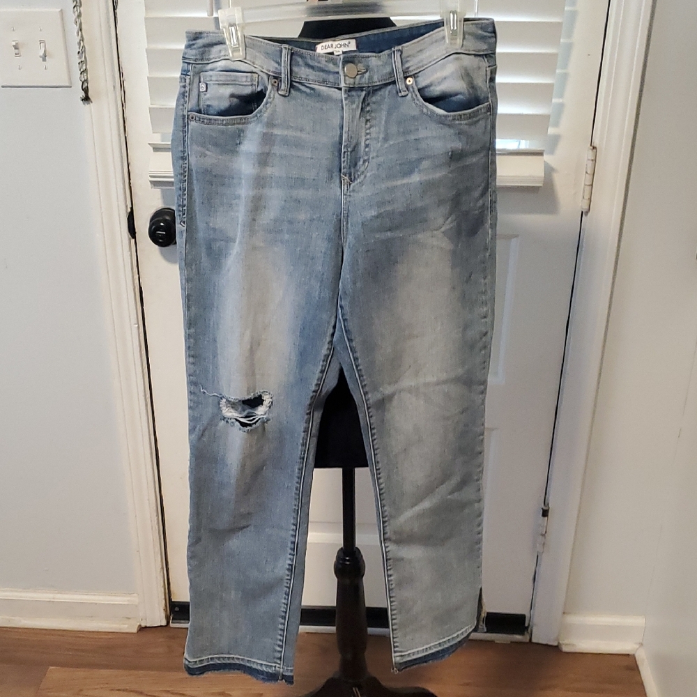 Dear John Light Blue Straight Leg Jeans with Knee Distress